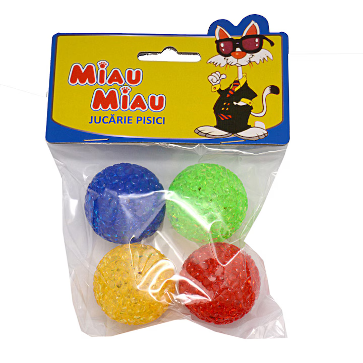Set 4 mingi din plastic colorat pentru pisici Miau Miau.