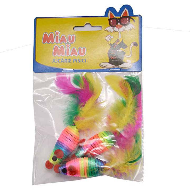 Set 3 jucării pentru pisici Miau Miau în formă de șoricel din sisal cu pene colorate.