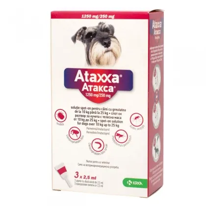 1 pipetă antiparazitară Ataxxa pentru câini de talie medie (10-25 kg), soluție cu efect repelent împotriva puricilor, căpușelor și țânțarilor.