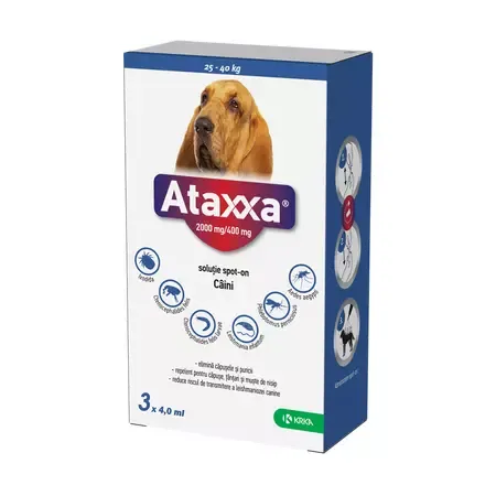 1 pipetă antiparazitară Ataxxa pentru câini de talie mare (25-40 kg), soluție cu efect repelent împotriva puricilor, căpușelor și țânțarilor.