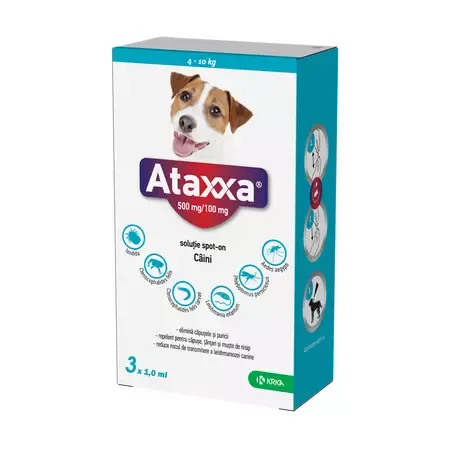 1 pipetă antiparazitară Ataxxa pentru câini de talie mică (4-10 kg), soluție cu efect repelent împotriva puricilor, căpușelor și țânțarilor.