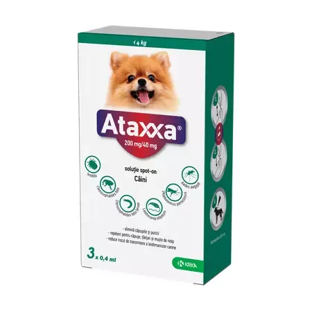 1 pipetă antiparazitară Ataxxa pentru câini de talie foarte mică (sub 4 kg), soluție cu efect repelent împotriva puricilor, căpușelor și țânțarilor.