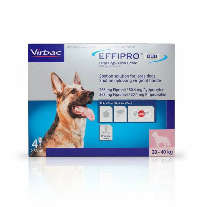 Cutie cu 4 pipete antiparazitare Effipro Duo L pentru câini de talie mare (20-40 kg), soluție cu acțiune dublă împotriva puricilor și căpușelor.