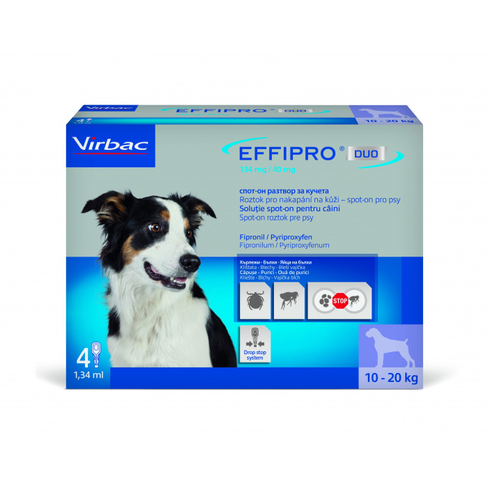 Cutie cu 4 pipete antiparazitare Effipro Duo M pentru câini de talie medie (10-20 kg), soluție cu acțiune dublă împotriva puricilor și căpușelor.