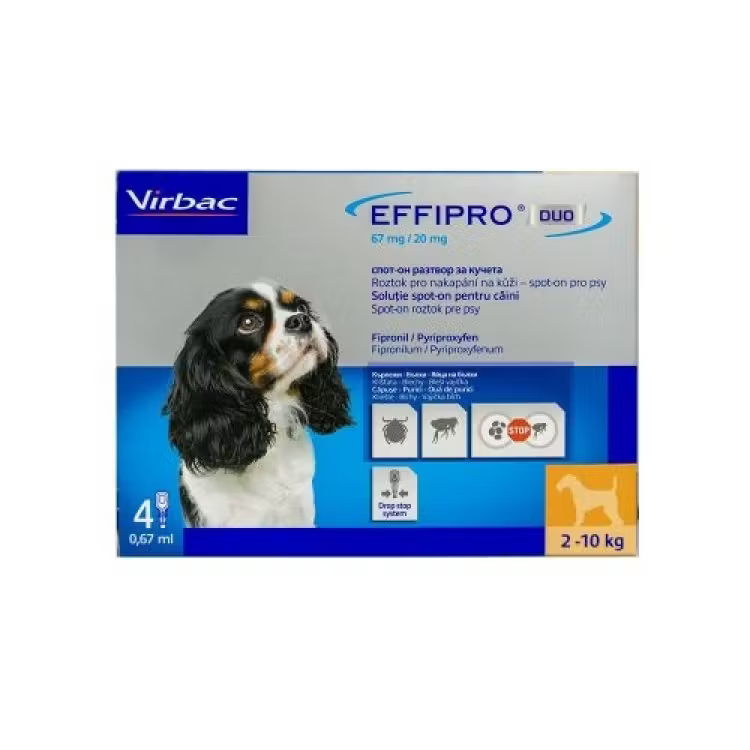 Cutie cu 4 pipete antiparazitare Effipro Duo S pentru câini de talie mică (2-10 kg), soluție cu acțiune dublă împotriva puricilor și căpușelor.