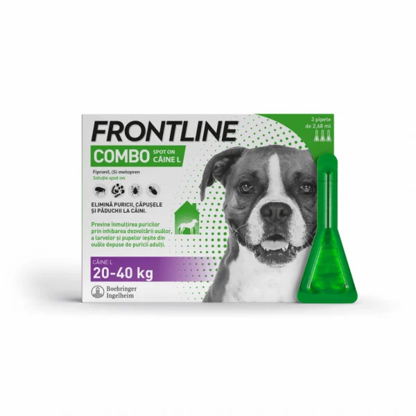 Cutie cu 3 pipete antiparazitare Frontline Combo L pentru câini de talie mare (20-40 kg), formulă cu acțiune duală împotriva puricilor și căpușelor.