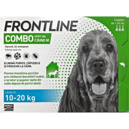 Cutie cu 3 pipete antiparazitare Frontline Combo M pentru câini de talie medie (10-20 kg), formulă cu acțiune duală împotriva puricilor și căpușelor.