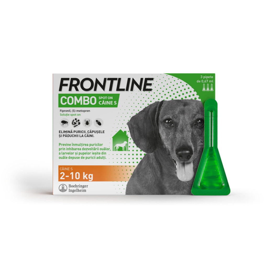 Cutie cu 3 pipete antiparazitare Frontline Combo S pentru câini de talie mică (2-10 kg), formulă cu acțiune duală împotriva puricilor și căpușelor.