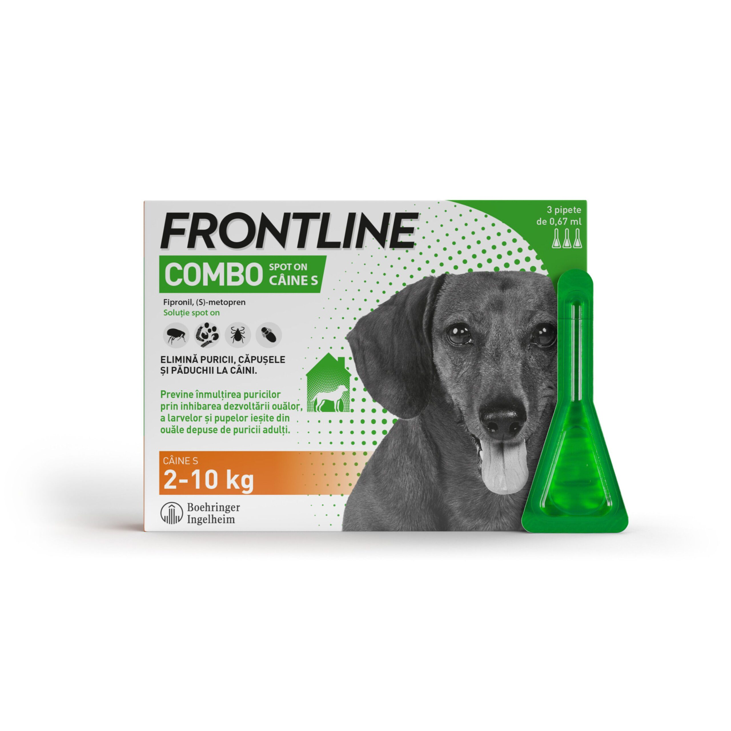 Cutie cu 3 pipete antiparazitare Frontline Combo S pentru câini de talie mică (2-10 kg), formulă cu acțiune duală împotriva puricilor și căpușelor.