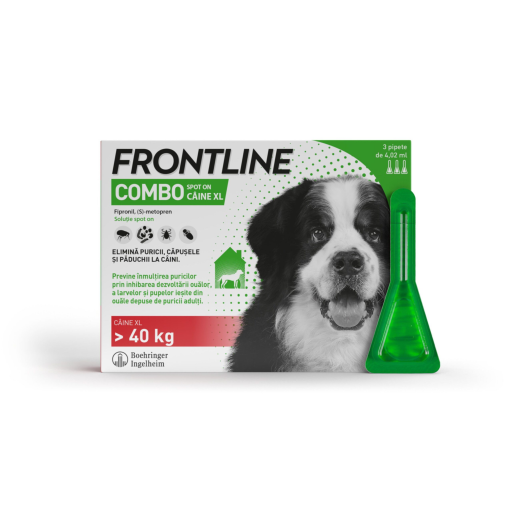 Cutie cu 3 pipete antiparazitare Frontline Combo XL pentru câini de talie foarte mare (peste 40 kg), formulă cu acțiune duală.