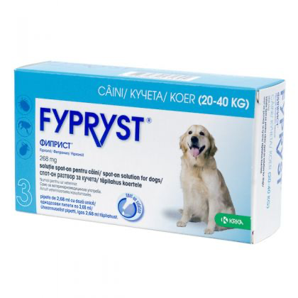 Cutie cu 3 pipete antiparazitare Fypryst L pentru câini de talie mare (20-40 kg), soluție spot-on împotriva puricilor și căpușelor.