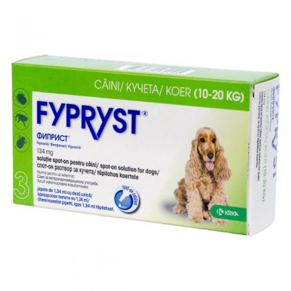 Cutie cu 3 pipete antiparazitare Fypryst M pentru câini de talie medie (10-20 kg), soluție spot-on împotriva puricilor și căpușelor.