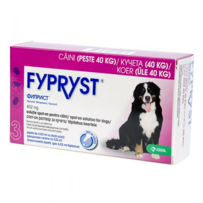 Cutie cu 3 pipete antiparazitare Fypryst XL pentru câini de talie foarte mare (40-60 kg), soluție spot-on împotriva puricilor și căpușelor.