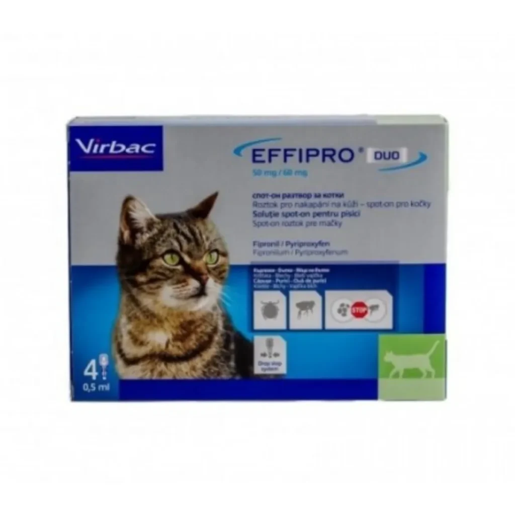 Cutie cu 4 pipete antiparazitare Effipro Duo pentru pisici (1-6 kg), soluție cu acțiune dublă împotriva puricilor și căpușelor.
