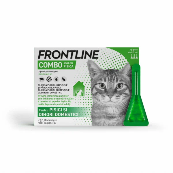 Cutie cu 3 pipete antiparazitare Frontline Combo pentru pisici, formulă cu acțiune duală împotriva puricilor și căpușelor.
