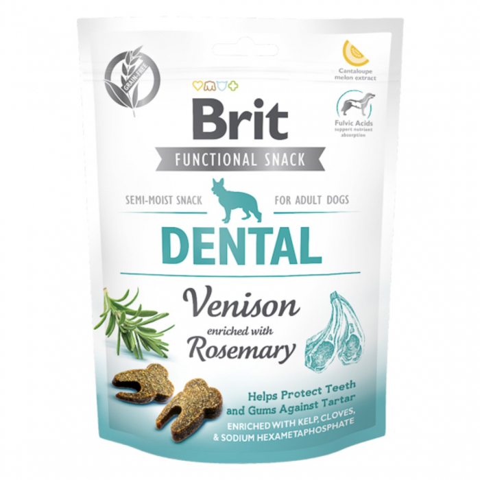 Recompense semi-umede pentru câini Brit Care Dog Snack Dental Venison cu cerb și rozmarin, pachet de 150 g.
