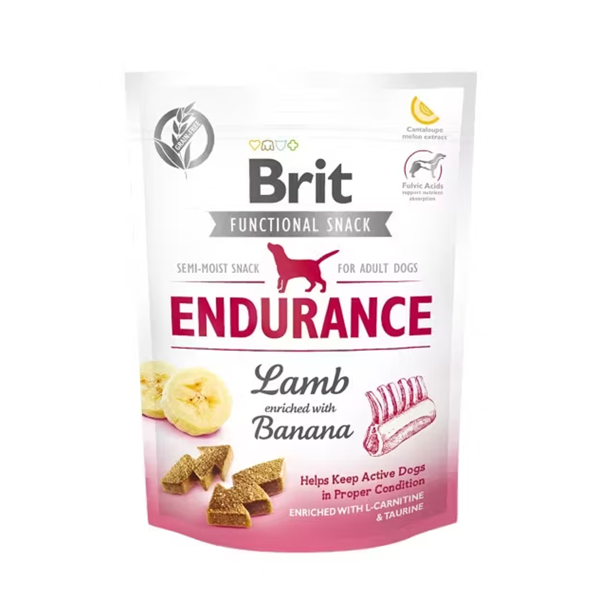 Recompense semi-umede pentru câini Brit Care Dog Snack Endurance Lamb cu miel și banane, pachet de 150 g.