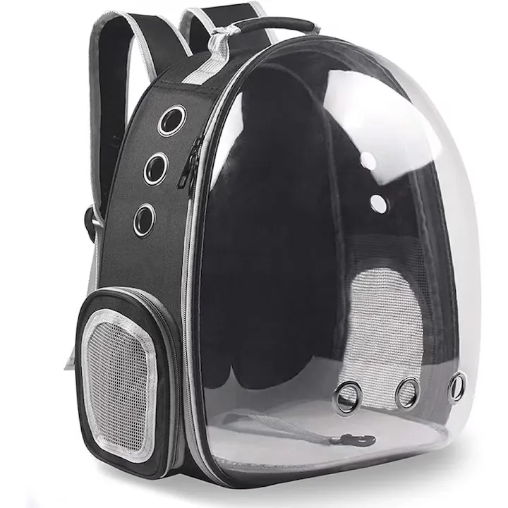 Rucsac de transport negru transparent 4Dog pentru pisici și câini de talie mică, dimensiune 31x42x28 cm.