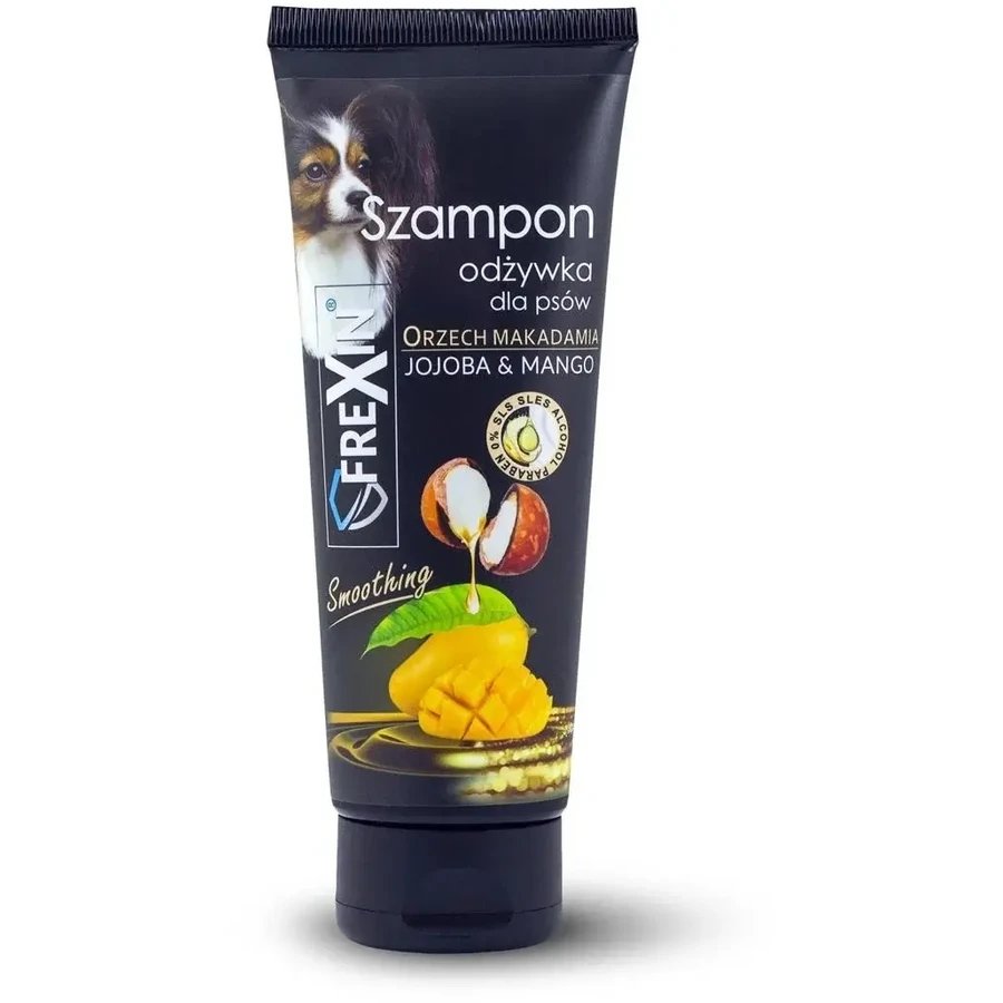 Șampon 2 în 1 pentru câini Frexin cu balsam, jojoba și mango, flacon de 220 g.