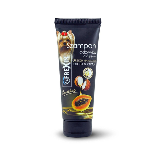 Șampon 2 în 1 pentru câini Frexin cu balsam, jojoba și papaya, flacon de 220 g.