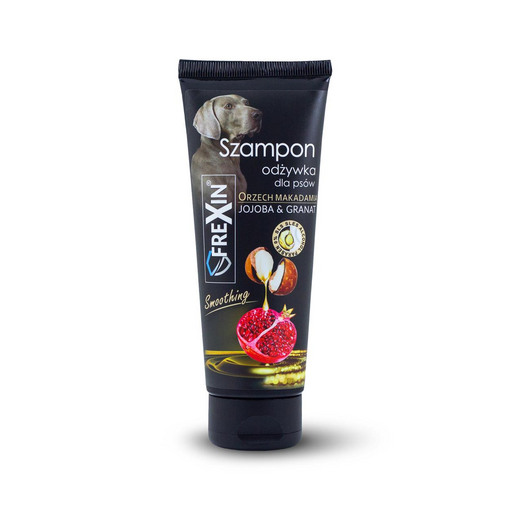 Șampon 2 în 1 pentru câini Frexin cu balsam, jojoba și rodie, flacon de 220 g.