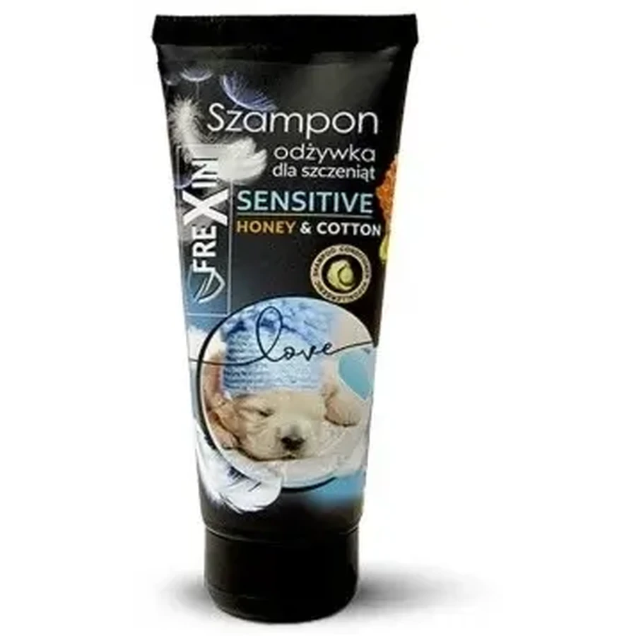 Șampon și balsam pentru căței Sensitive Frexin cu miere, flacon de 220 g, pentru piele sensibilă.