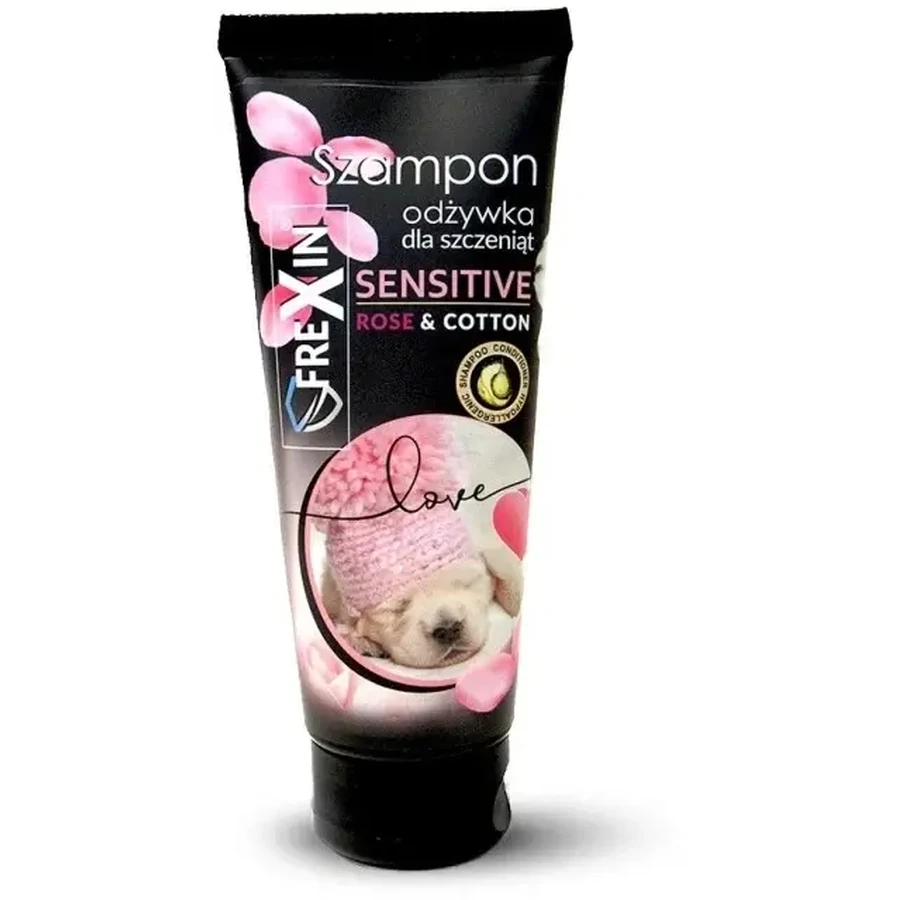 Șampon și balsam pentru căței Sensitive Frexin cu extract de trandafir, flacon de 220 g, pentru piele sensibilă.