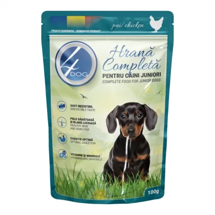 Plic de 100 g de hrană umedă pentru căței juniori 4Dog cu pui în sos.
