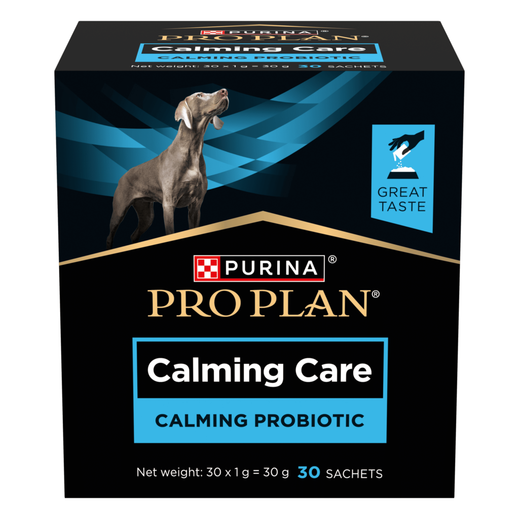 Cutie cu 30 de plicuri de supliment nutritiv pentru câini Purina Pro Plan Veterinary Diets Calming Care.