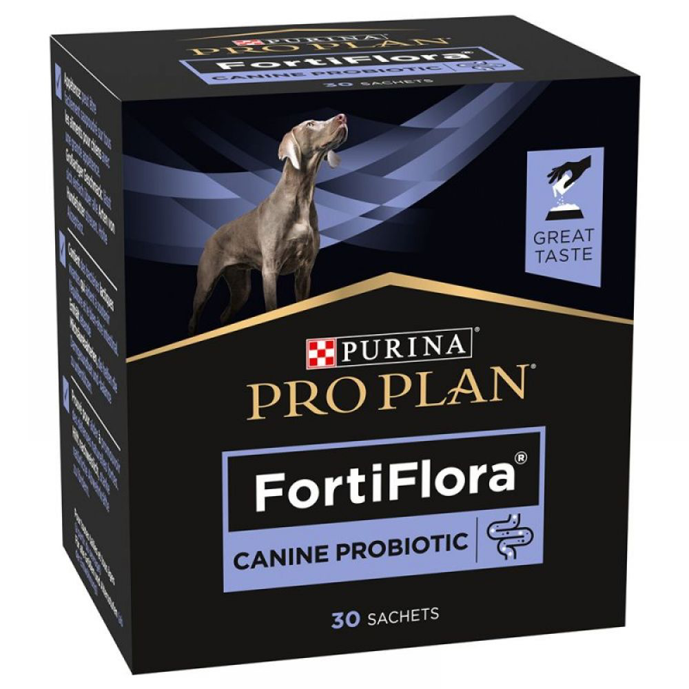 Cutie cu 30 plicuri de supliment probiotic Purina Pro Plan Veterinary Diets Canine FortiFlora pentru câini.