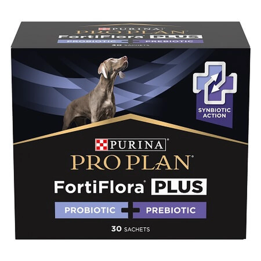 Cutie cu 30 plicuri de supliment simbiotic Purina Pro Plan Veterinary Diets FortiFlora Plus pentru câini.