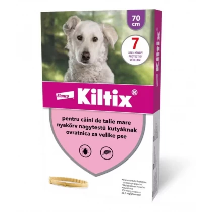 Zgardă antiparazitară Kiltix L, lungime 70 cm, pentru câini de talie mare, oferă protecție împotriva puricilor și căpușelor timp de 7 luni.