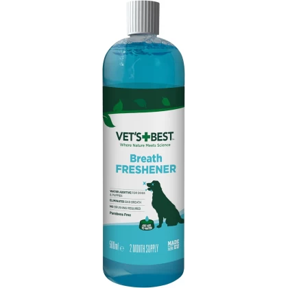 Flacon de 500 ml de apă de gură aditiv pentru apa de băut a câinilor, marca Vet's Best, cu acțiune antitartru și de împrospătare a respirației.