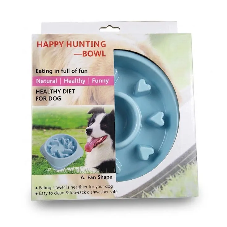 Cutie cu bol albastru slow feeder Happy Hunting, prevăzut cu obstacole interioare pentru încetinirea hrănirii câinilor.