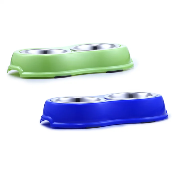 Bol dublu Agility pentru animale de companie, de culoare albastră și verde, cu două compartimente de 750 ml și diametru de 16 cm, pentru hrană și apă.