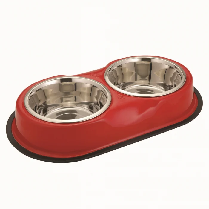 Bol dublu compact Agility cu suport roșu prevăzut cu bază gumată antialunecare și două castroane detașabile din oțel inoxidabil, de 180 ml.