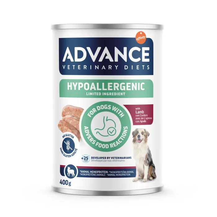 Conservă de 400 g hrană umedă dietetică Advance Veterinary Diets Hypoallergenic cu miel pentru câini.