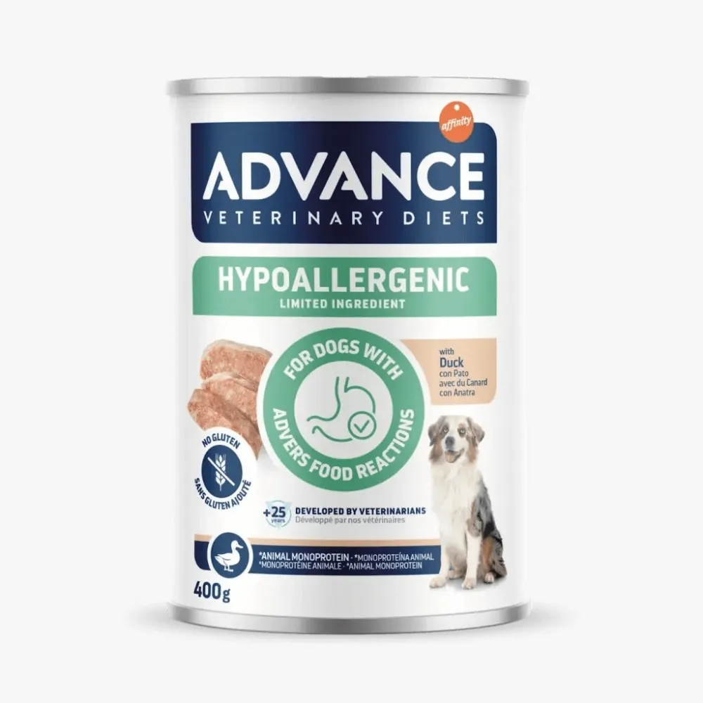Conservă de 400 g hrană umedă dietetică Advance Veterinary Diets Hypoallergenic cu rață pentru câini.