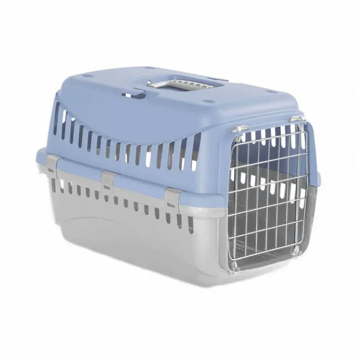 Cuscă de transport albastră MPB Gipsy L de 58x38x38 cm cu ușă metalică pentru câini și pisici.
