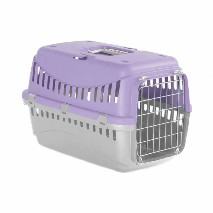 Cuscă de transport compactă MPB Gipsy S de 46x31x32 cm cu ușă metalică în nuanță lila pentru pisici și animale mici.