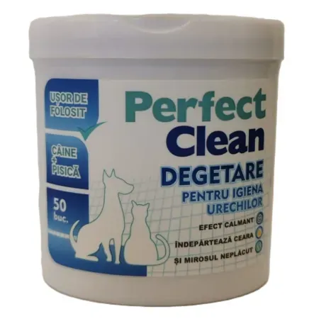 Cutie cu 50 de șervețele umede tip degetar marca Perfect Clean pentru igiena auriculară a animalelor de companie.