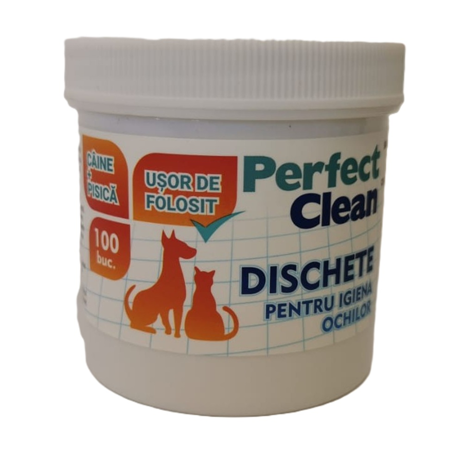 Cutie cu 100 de dischete umede marca Perfect Clean, special concepute pentru curățarea și igienizarea zonei ochilor la câini și pisici.