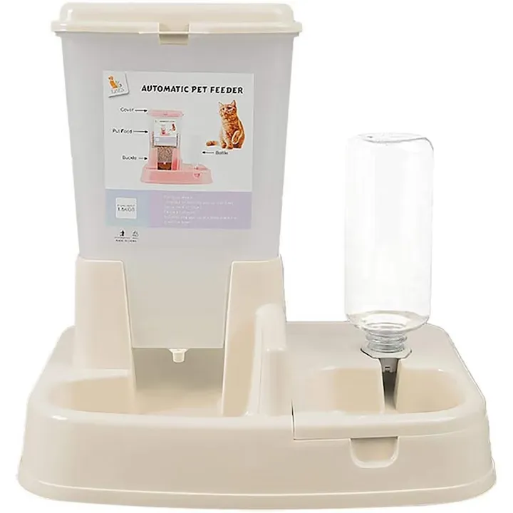 Dispenser automat 2-în-1 de culoare albă marca Jormftte, cu capacitate de 1.5 kg, pentru hrănirea și hidratarea câinilor și pisicilor.
