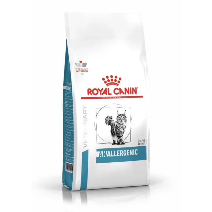 Sac de 2 kg hrană uscată dietetică Royal Canin Anallergenic pentru pisici cu alergii și intoleranțe alimentare severe.