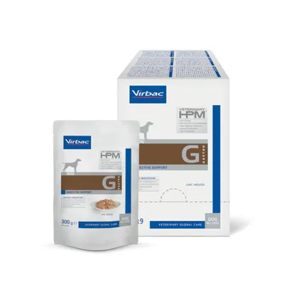Cutie de 9 plicuri x 300 g hrană umedă dietetică Virbac Veterinary HPM Digestive Support Mousse pentru câini cu afecțiuni digestive.