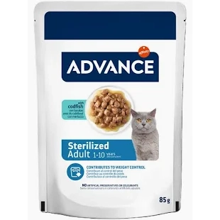 Plic de 85 g hrană umedă Advance Cat Sterilized cu cod pentru pisici sterilizate.