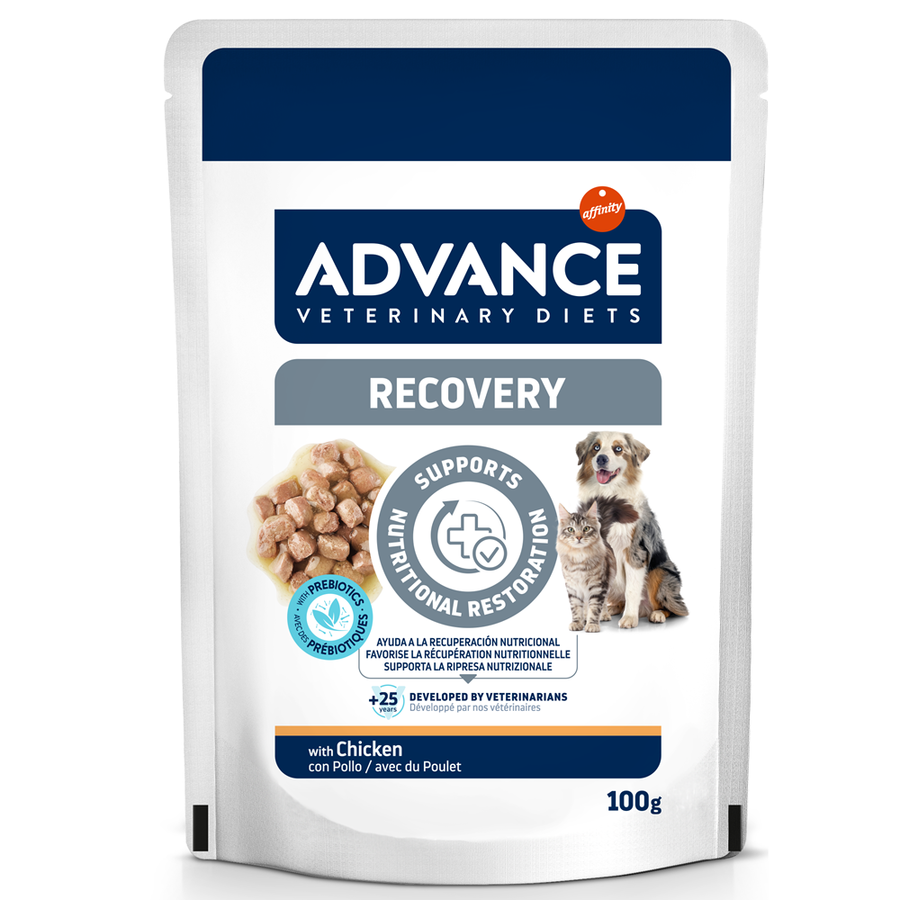 Plic de 100 g hrană umedă dietetică Advance Veterinary Diets Recovery cu pui pentru câini și pisici în convalescență.