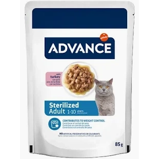 Plic de 85 g hrană umedă Advance Cat Sterilized cu curcan pentru pisici sterilizate.