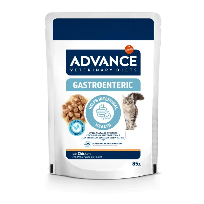 Plic de 85 g hrană umedă dietetică Advance Veterinary Diets Cat Gastroenteric pentru pisici cu probleme digestive.