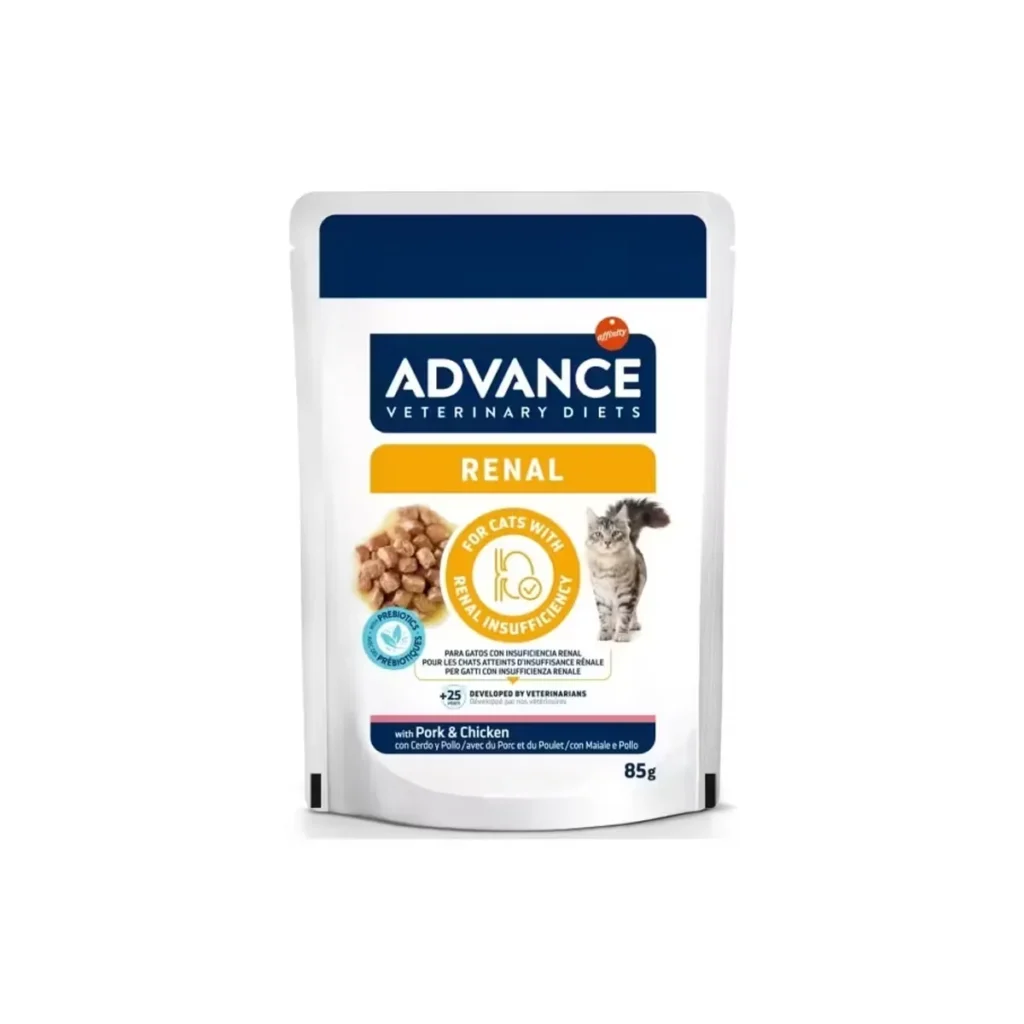 Plic de 85 g hrană umedă dietetică Advance Veterinary Diets Cat Renal pentru pisici cu insuficiență renală.